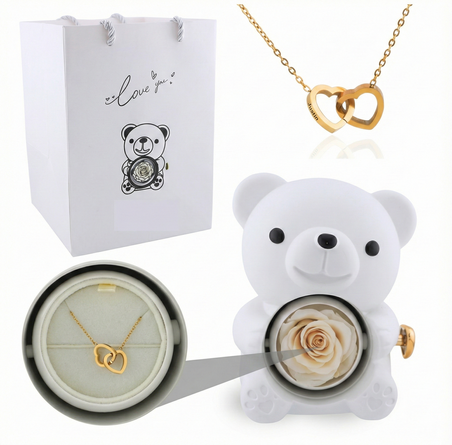 Mini Delicate Heart Engraved Necklace Lovely Bear Jewelry Boxes Valentine'S Day Mother Day Birthday Gift Paper Bag Set My Store