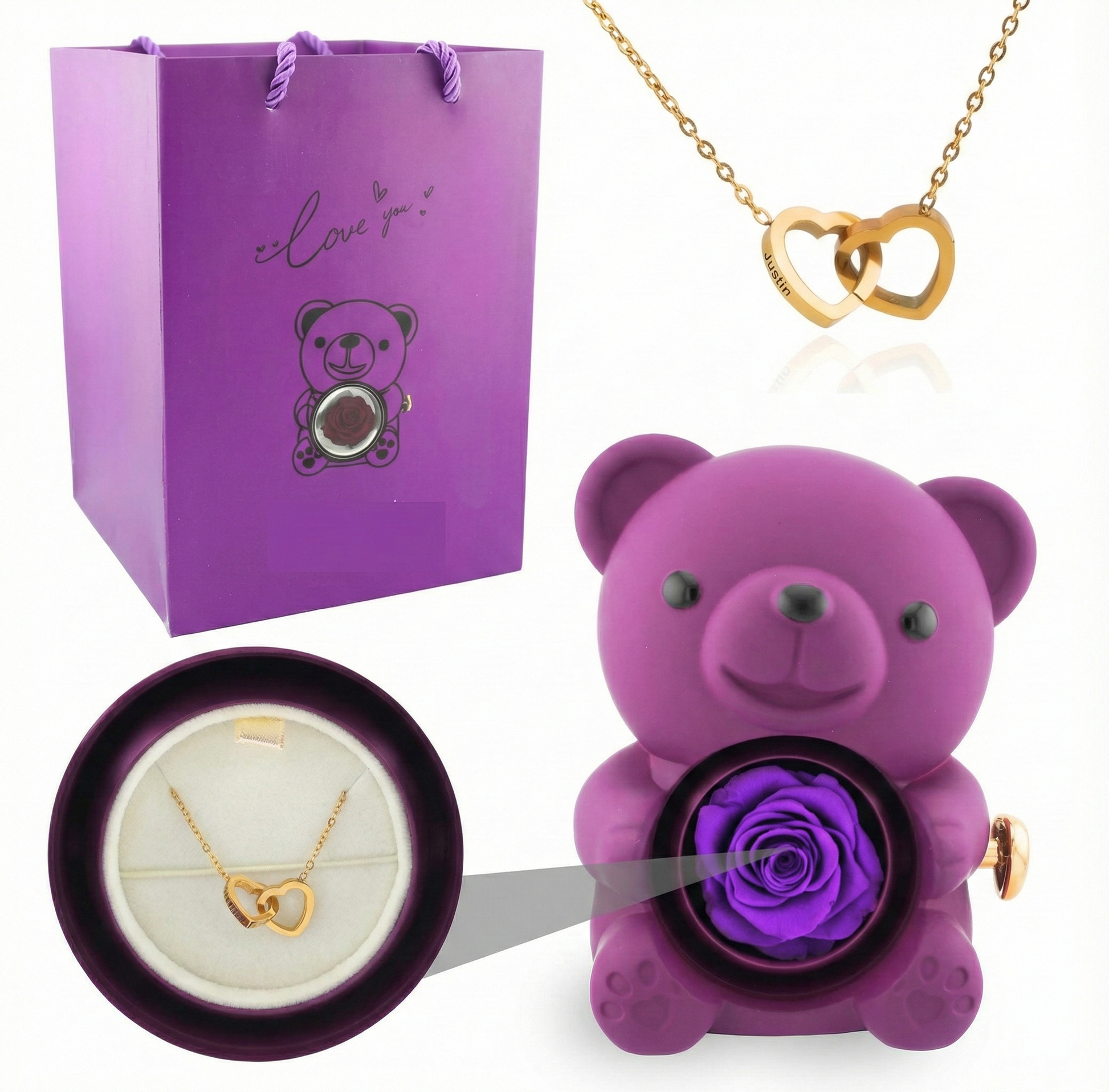 Mini Delicate Heart Engraved Necklace Lovely Bear Jewelry Boxes Valentine'S Day Mother Day Birthday Gift Paper Bag Set My Store