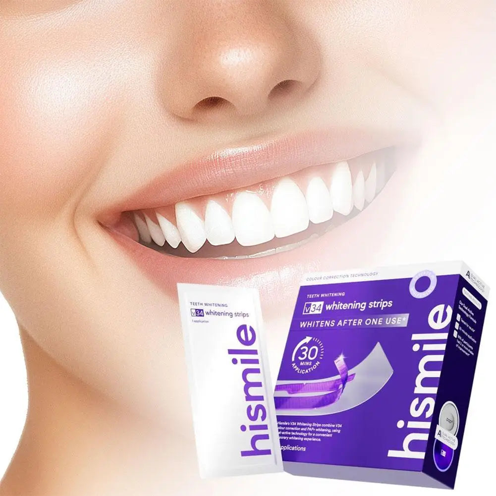 Hismile V34 Whitening Tooth Strips Removes Stains Improves Yellowing Protects Enamel Safe Formula for Brighter Smile Dental Care